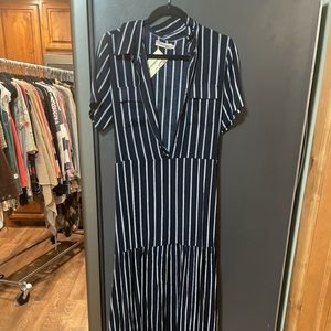 Navy Blue Striped Maxi Dress with Button Details